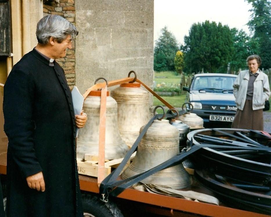 Bishop Barry Rogerson inspects the new Frenchay bells
