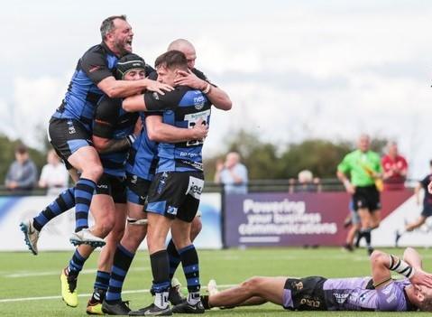 Luke Arscott joins the celebration of a try, illustrating the comment of Director of Rugby Stean Williams that “beating Clifton really means a lot to the people of this Club”. (photo courtesy of John White Media)